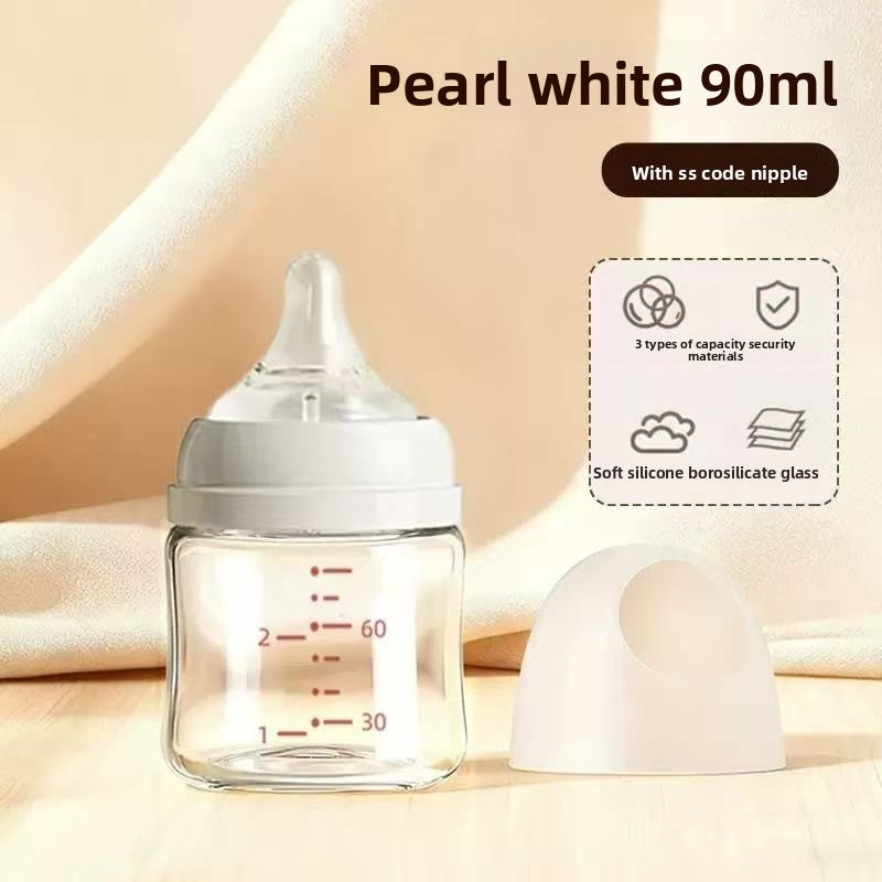 Wide Caliber Glass Baby Feeding Bottle with Anti-Choking Nipple